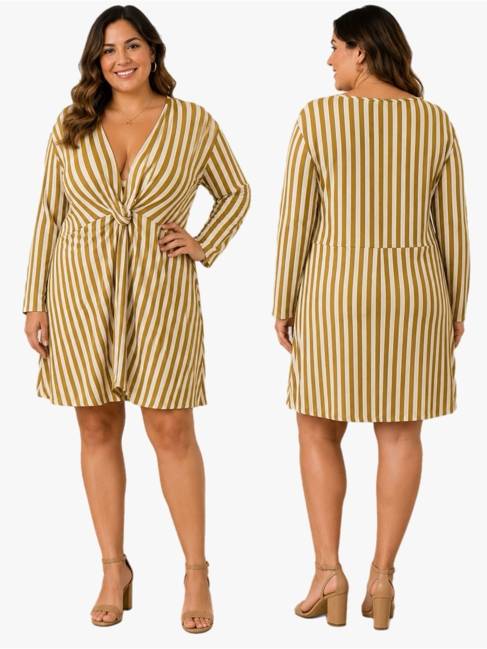 NWT PrettyLittleThing Plus Size 1X Mustard White Stripe Twist Front Mini Dress